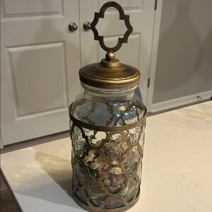 Pier 1 Imports Decorative Gold Glass Jar Ornate Metal Overlay Table Accent 18x8